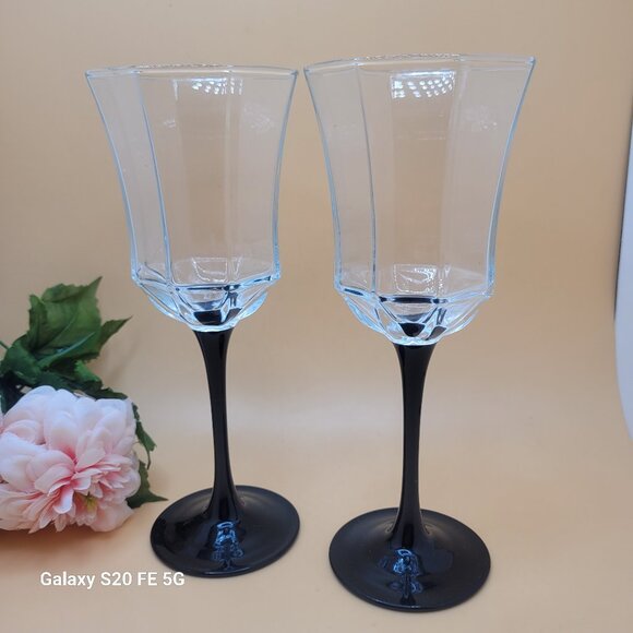 Vintage Luminarc France Octime Black Stemmed Water Goblets Wine Glasses Set of 2 - Picture 1 of 14